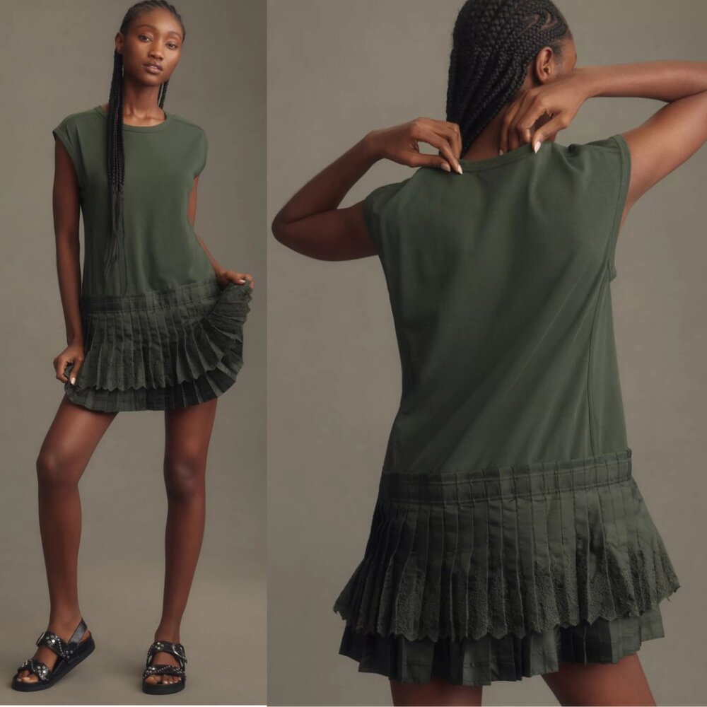 Anthropologie Olive Green Pleated-Hem Mini Dress